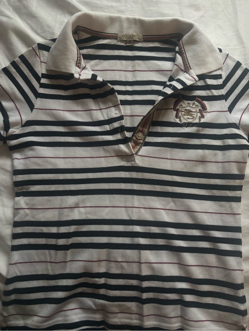 Burberry White, Navy & Maroon Striped 
Polo